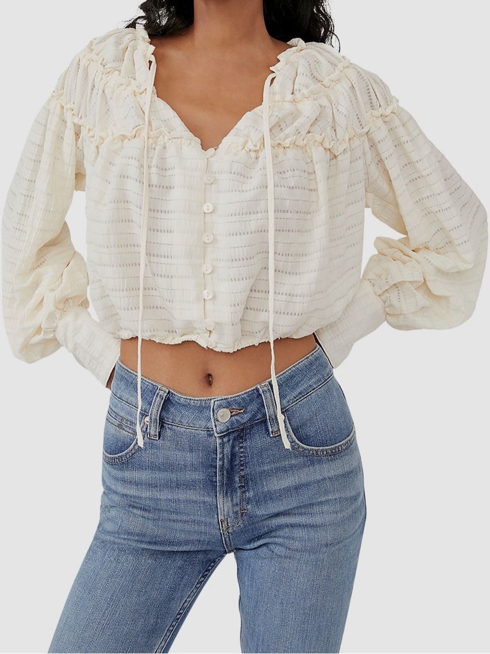Free People Cream Textured Boho Peasant Tunic